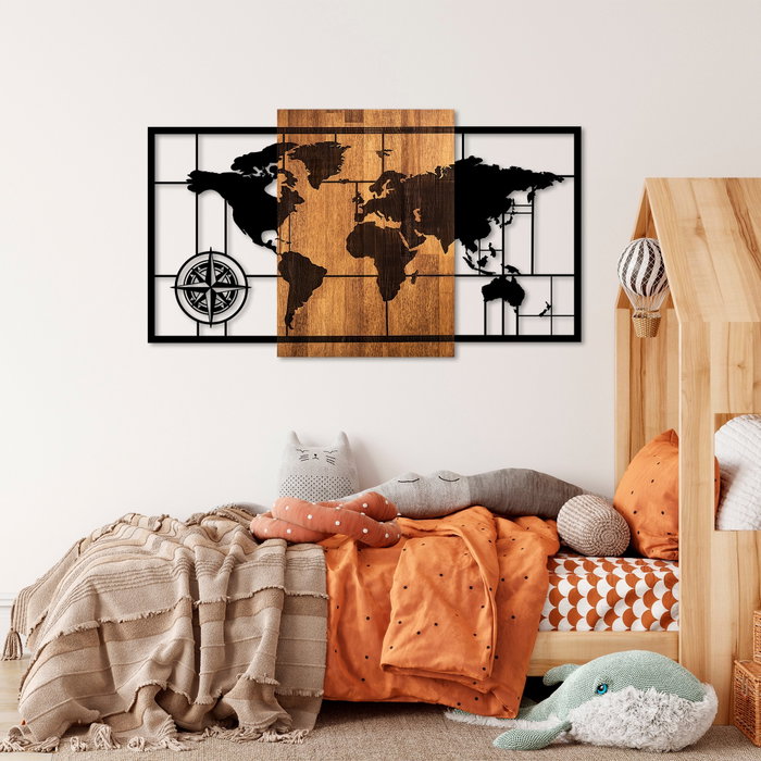 Wallity World Map 1-L Decoración de Pared de Madera y Metal